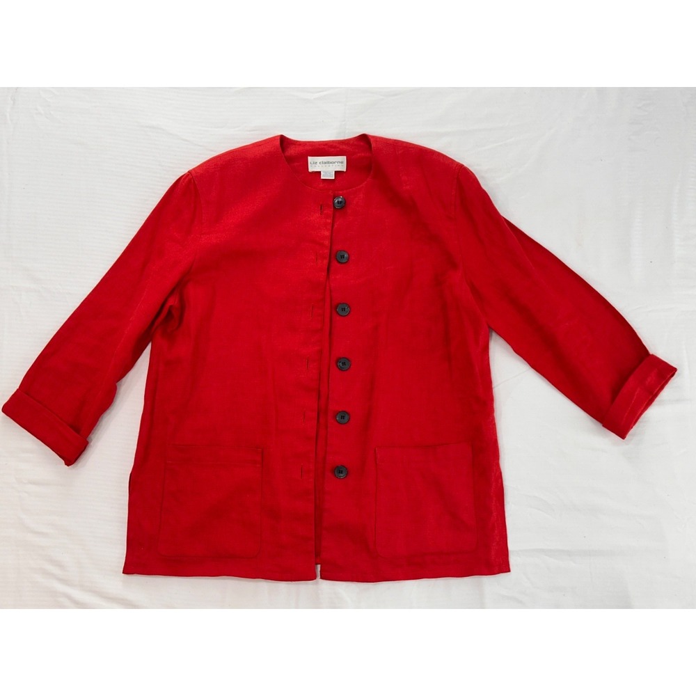 VTG Liz Claiborne Collection Red 100% Linen Jacket Made in USA Button Blazer L